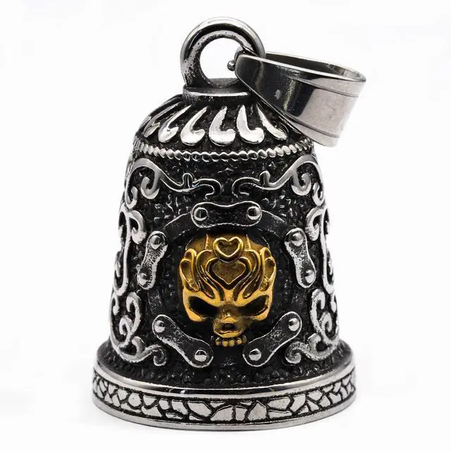 Main image of Old School Biker Skull Bell - Viking Warrior Skull Motorcycle Biker Bell Hanger or Key Chain for Good Luck on The Road (Gold)
