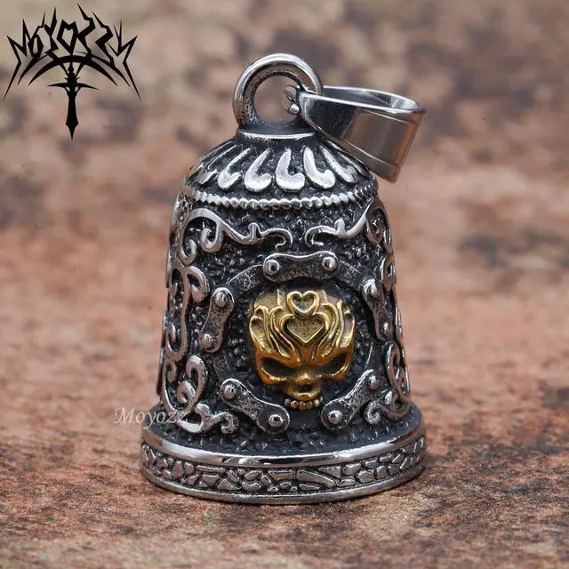 Alt view image 2 of 7 - Old School Biker Skull Bell - Viking Warrior Skull Motorcycle Biker Bell Hanger or Key Chain for Good Luck on The Road (Gold)