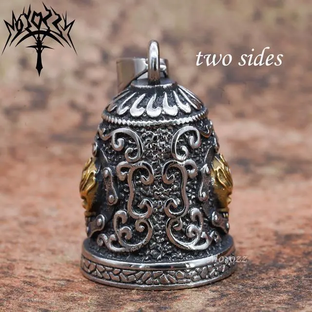 Alt view image 3 of 7 - Old School Biker Skull Bell - Viking Warrior Skull Motorcycle Biker Bell Hanger or Key Chain for Good Luck on The Road (Gold)