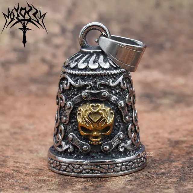 Alt view image 4 of 7 - Old School Biker Skull Bell - Viking Warrior Skull Motorcycle Biker Bell Hanger or Key Chain for Good Luck on The Road (Gold)