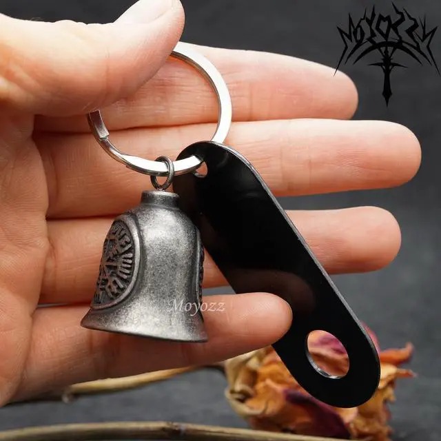 Alt view image 6 of 7 - Old School Biker Skull Bell - Viking Warrior Skull Motorcycle Biker Bell Hanger or Key Chain for Good Luck on The Road (Gold)