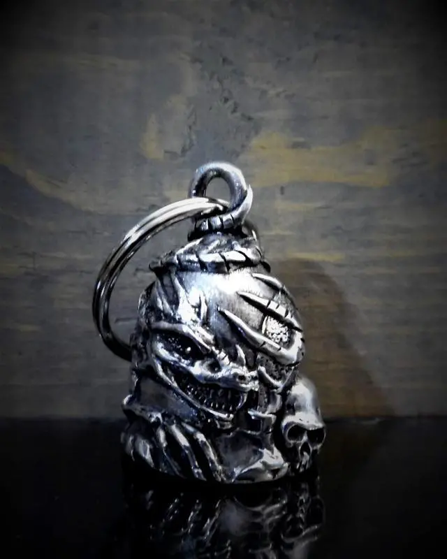 Alt view image 2 of 7 - Skull Dragon Bell - Biker Bell Accessory or Key Chain for Good Luck on the Road