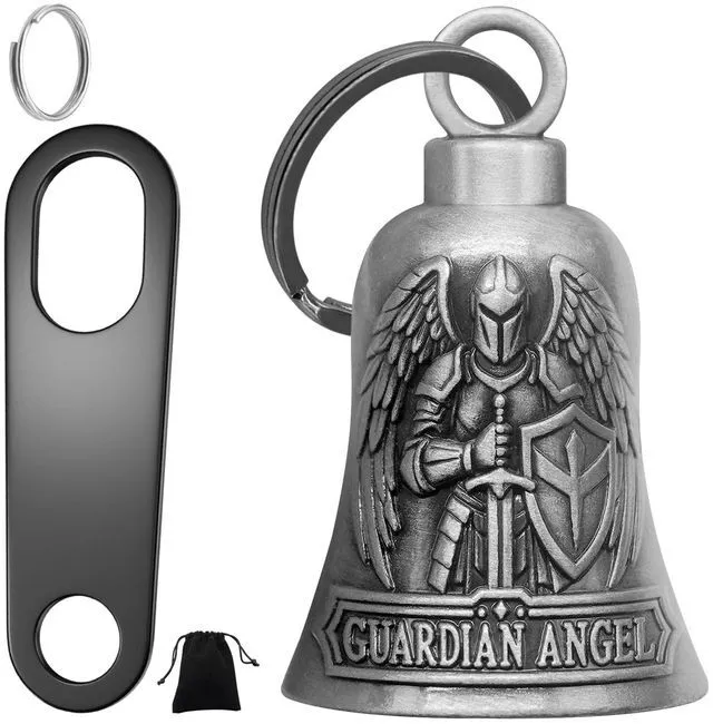 Main image of St. Michael Motorcycle Bell Guardian Angel Gremlin Biker Bells for Luck with Motorcycle Bell Hanger, 2 Key Chain Ring Accessories, Velvet Pouch
