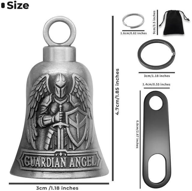 Alt view image 2 of 6 - St. Michael Motorcycle Bell Guardian Angel Gremlin Biker Bells for Luck with Motorcycle Bell Hanger, 2 Key Chain Ring Accessories, Velvet Pouch