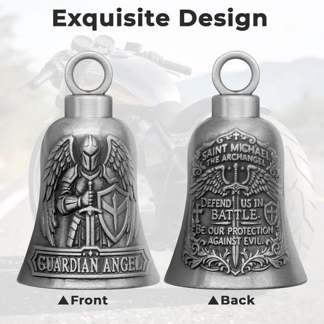 Alt view image 3 of 6 - St. Michael Motorcycle Bell Guardian Angel Gremlin Biker Bells for Luck with Motorcycle Bell Hanger, 2 Key Chain Ring Accessories, Velvet Pouch