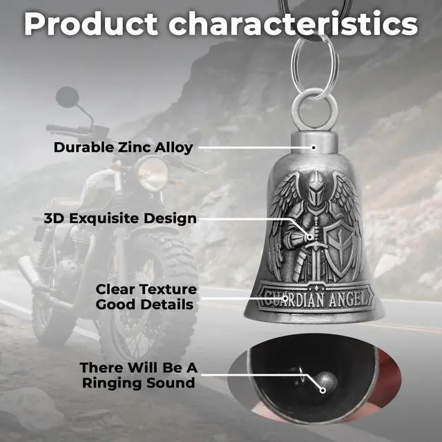 Alt view image 5 of 6 - St. Michael Motorcycle Bell Guardian Angel Gremlin Biker Bells for Luck with Motorcycle Bell Hanger, 2 Key Chain Ring Accessories, Velvet Pouch
