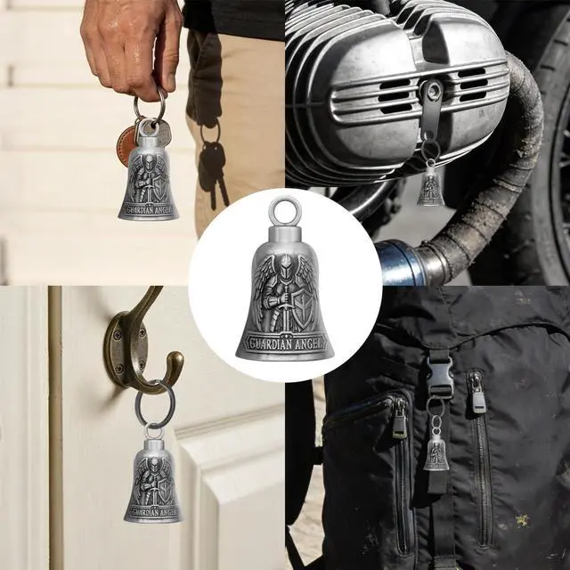Alt view image 6 of 6 - St. Michael Motorcycle Bell Guardian Angel Gremlin Biker Bells for Luck with Motorcycle Bell Hanger, 2 Key Chain Ring Accessories, Velvet Pouch