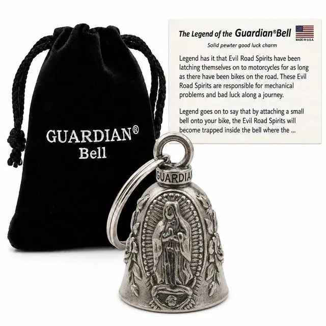 Main image of Virgin Mary Religious Good Luck Bell w/Keyring & Black Velvet Gift Bag | Motorcycle Bell | Lead-Free Pewter | Good Luck Gift to Friends & Family | Bike Bell | Made in USA