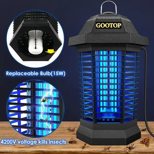 Alt view image 3 of 7 - Bug Zapper Outdoor, Mosquito Zapper, 4200V 3 Prong Plug in Electric Fly Zapper, Mosquito Killer, Fly Traps, Flying Insects Zapper Indoor Outdoor, ABS Plastic Outer (Black)