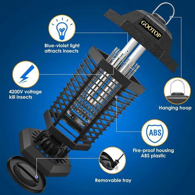 Alt view image 4 of 7 - Bug Zapper Outdoor, Mosquito Zapper, 4200V 3 Prong Plug in Electric Fly Zapper, Mosquito Killer, Fly Traps, Flying Insects Zapper Indoor Outdoor, ABS Plastic Outer (Black)