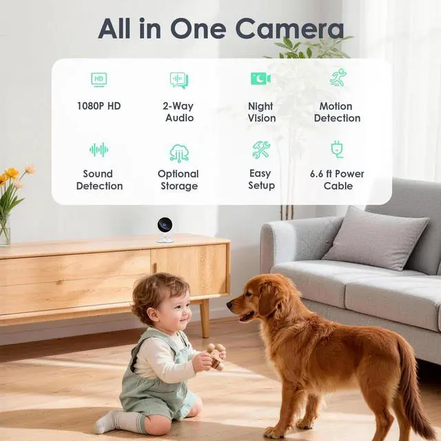 Alt view image 9 of 14 - Indoor Security Camera 2.4GHz, Baby Monitor, Pet Camera, Dog Cam, Night Vision, 2-Way Audio, Motion Detection, Works w/Alexa, Subscription Free Local Storage or Optional Cloud