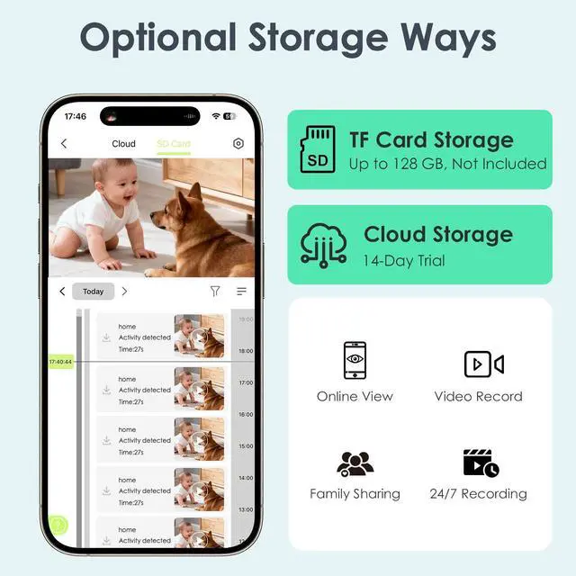 Alt view image 11 of 14 - Indoor Security Camera 2.4GHz, Baby Monitor, Pet Camera, Dog Cam, Night Vision, 2-Way Audio, Motion Detection, Works w/Alexa, Subscription Free Local Storage or Optional Cloud
