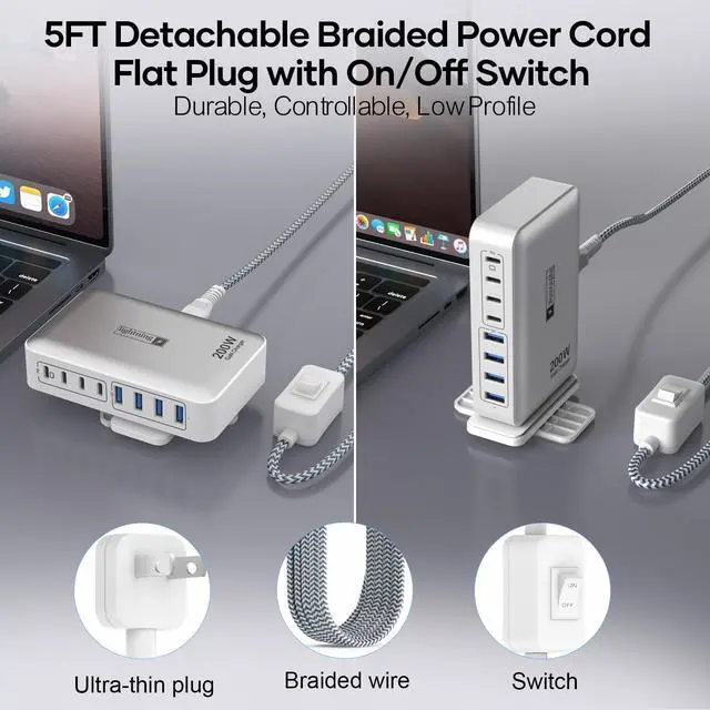 Alt view image 9 of 14 - 200W Charging Station for Multiple Devices, 8-Port USB C Charger Block Fast Charging, 65W Type C GaN Power Adapter for Cellphones, Tablets, Laptops, Multi Chargers USB Hub Flat Plug
