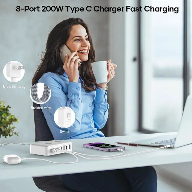 Alt view image 14 of 14 - 200W Charging Station for Multiple Devices, 8-Port USB C Charger Block Fast Charging, 65W Type C GaN Power Adapter for Cellphones, Tablets, Laptops, Multi Chargers USB Hub Flat Plug