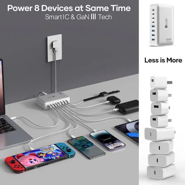 Alt view image 13 of 14 - 200W Charging Station for Multiple Devices, 8-Port USB C Charger Block Fast Charging, 65W Type C GaN Power Adapter for Cellphones, Tablets, Laptops, Multi Chargers USB Hub Flat Plug