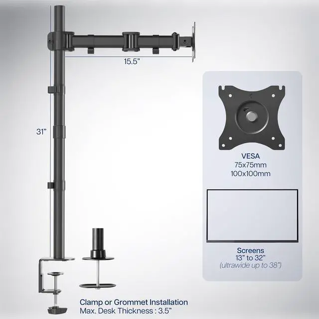 Alt view image 10 of 14 - Single Monitor Desk Mount, Extra Tall Fully Adjustable Stand for 1 LCD Screen up to 32 inches, Ultra Wide Screens up to 38 inches, 22 lbs Capacity, STAND-V001T