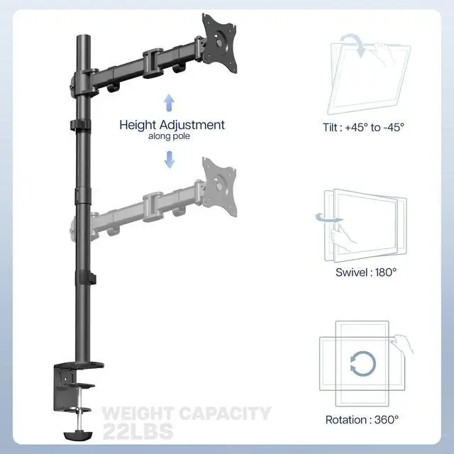 Alt view image 11 of 14 - Single Monitor Desk Mount, Extra Tall Fully Adjustable Stand for 1 LCD Screen up to 32 inches, Ultra Wide Screens up to 38 inches, 22 lbs Capacity, STAND-V001T