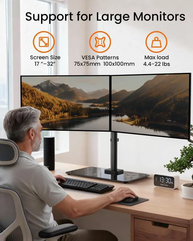 Alt view image 9 of 14 - Freestanding Dual Monitor Stand for 17 to 32 Inch Screens, Computer Monitor Mount for 2 Screens, Dual Monitor Arm with Tempered Glass Base, VESA Mount Desk Stand Holds 22 lbs per Arm