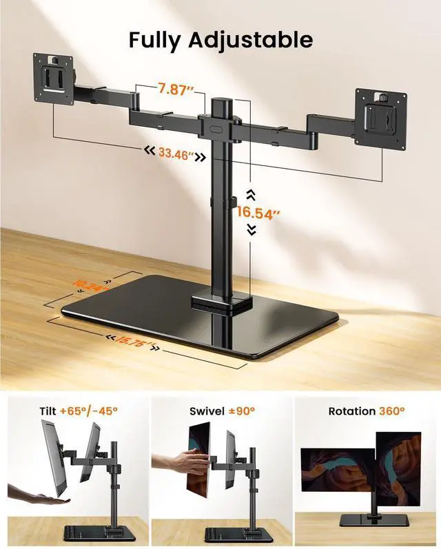 Alt view image 10 of 14 - Freestanding Dual Monitor Stand for 17 to 32 Inch Screens, Computer Monitor Mount for 2 Screens, Dual Monitor Arm with Tempered Glass Base, VESA Mount Desk Stand Holds 22 lbs per Arm