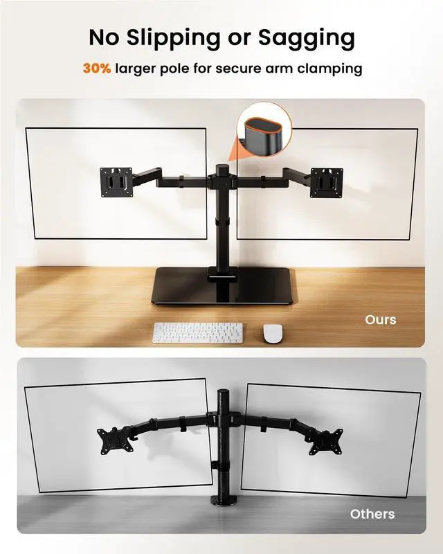 Alt view image 11 of 14 - Freestanding Dual Monitor Stand for 17 to 32 Inch Screens, Computer Monitor Mount for 2 Screens, Dual Monitor Arm with Tempered Glass Base, VESA Mount Desk Stand Holds 22 lbs per Arm