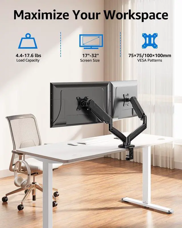 Alt view image 9 of 14 - Dual Monitor Stand for Desk, Monitor Arms for 2 Monitors 32 27 24 22 Inches, Height Adjustable Double Monitor Mount, VESA Mount with C-Clamp & Grommet Base, Holds 4.4-17.6lbs