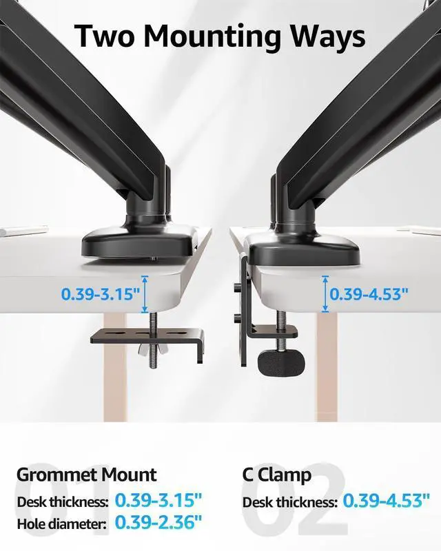 Alt view image 14 of 14 - Dual Monitor Stand for Desk, Monitor Arms for 2 Monitors 32 27 24 22 Inches, Height Adjustable Double Monitor Mount, VESA Mount with C-Clamp & Grommet Base, Holds 4.4-17.6lbs