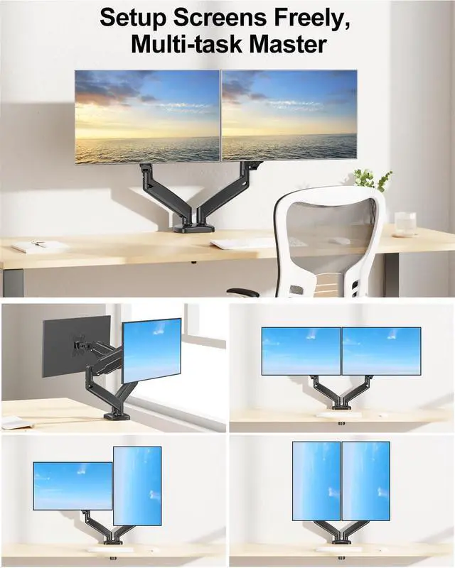Alt view image 13 of 14 - Dual Monitor Mount Fits 13 to 32 Inch Screen, Height Adjustable Monitor Stand for 2 Monitors, Full Motion Display Arm Holds up to 17. 6lbs Each, Computer Desk VESA Mount, Black