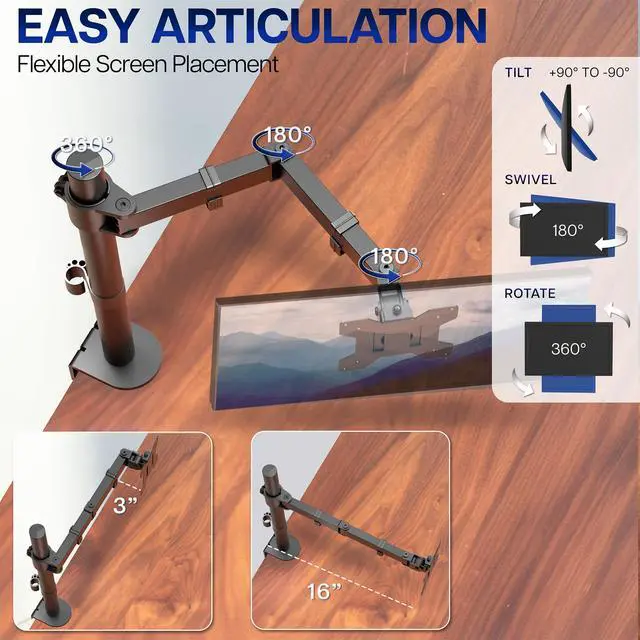 Alt view image 10 of 14 - Single 13 to 38 inch Ultrawide Monitor Arm Desk Mount, Regular Screens up to 32 inches, 22 lbs capacity, Fully Adjustable Stand with C-Clamp and Grommet Base, Black, STAND-V001
