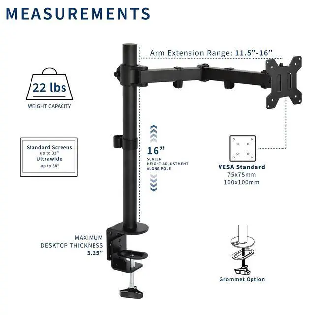 Alt view image 13 of 14 - Single 13 to 38 inch Ultrawide Monitor Arm Desk Mount, Regular Screens up to 32 inches, 22 lbs capacity, Fully Adjustable Stand with C-Clamp and Grommet Base, Black, STAND-V001