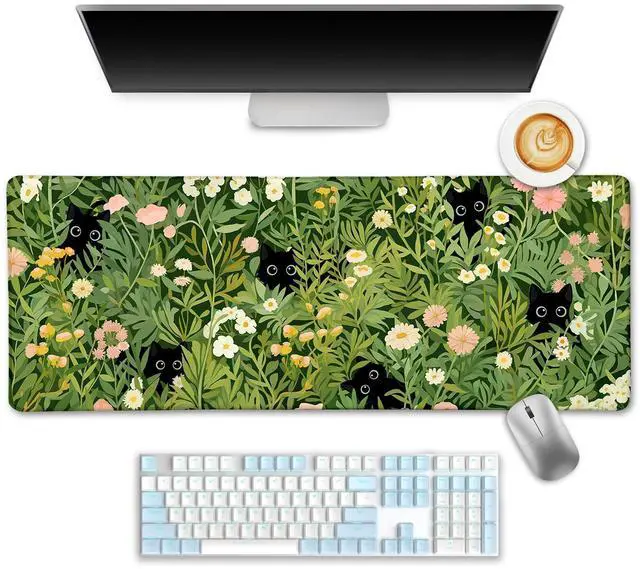 Alt view image 8 of 14 - Anime Cat Mouse Pad Green Desk Mat, XL Gaming Mouse Pad with Stitched Edges Non-Slip, Large Keyboard Mat for Desktop Computer Laptop Work Home Cute Office Desk Accessories 31.5x11.8 in