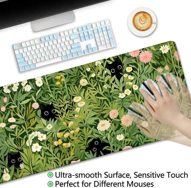 Alt view image 12 of 14 - Anime Cat Mouse Pad Green Desk Mat, XL Gaming Mouse Pad with Stitched Edges Non-Slip, Large Keyboard Mat for Desktop Computer Laptop Work Home Cute Office Desk Accessories 31.5x11.8 in