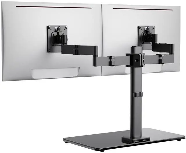 Alt view image 8 of 14 - Freestanding Dual Monitor Stand for 17 to 32 Inch Screens, Computer Monitor Mount for 2 Screens, Dual Monitor Arm with Tempered Glass Base, VESA Mount Desk Stand Holds 22 lbs per Arm