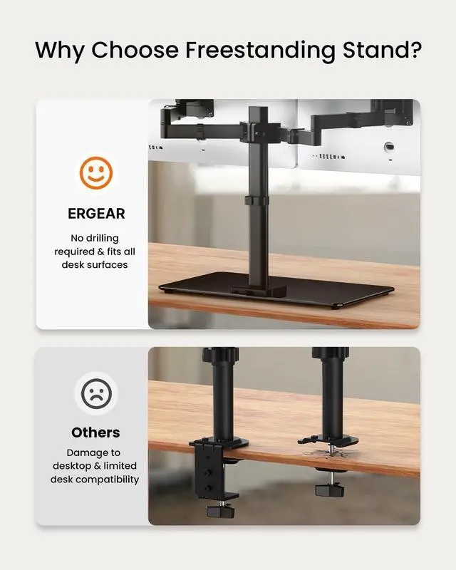 Alt view image 14 of 14 - Freestanding Dual Monitor Stand for 17 to 32 Inch Screens, Computer Monitor Mount for 2 Screens, Dual Monitor Arm with Tempered Glass Base, VESA Mount Desk Stand Holds 22 lbs per Arm