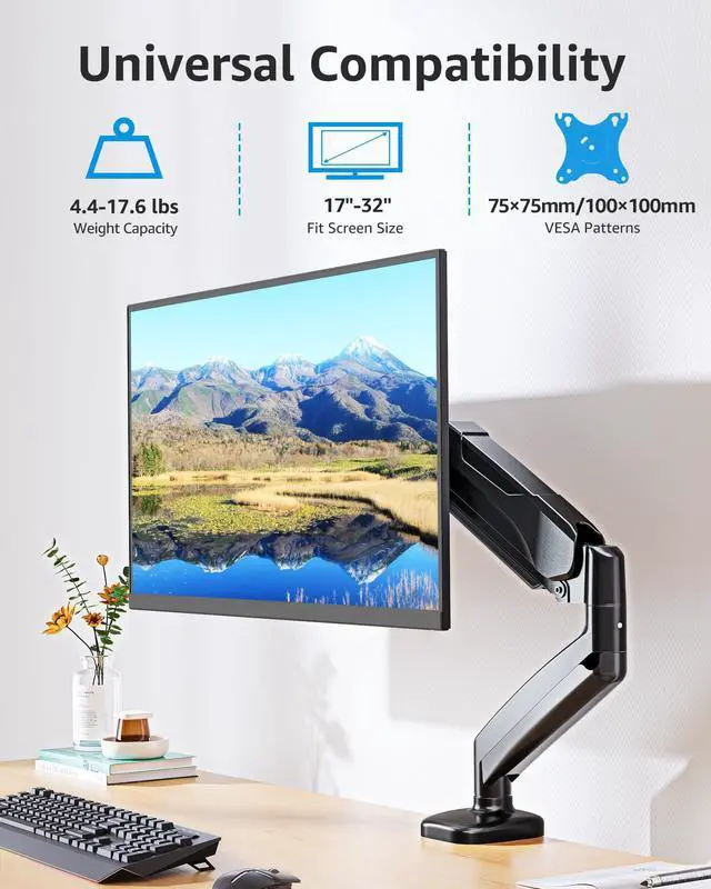Alt view image 10 of 14 - Single Monitor Desk Mount Holds Screen up to 32 inch, Height Adjustable Monitor Arm, Full Motion Computer Monitors Stand with Clamp/Grommet Base, VESA Mounts Fit 4.4-17.6lbs Computer, Black