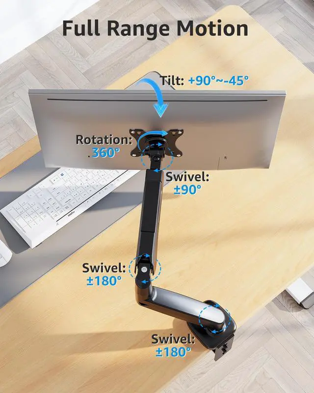 Alt view image 12 of 14 - Single Monitor Desk Mount Holds Screen up to 32 inch, Height Adjustable Monitor Arm, Full Motion Computer Monitors Stand with Clamp/Grommet Base, VESA Mounts Fit 4.4-17.6lbs Computer, Black