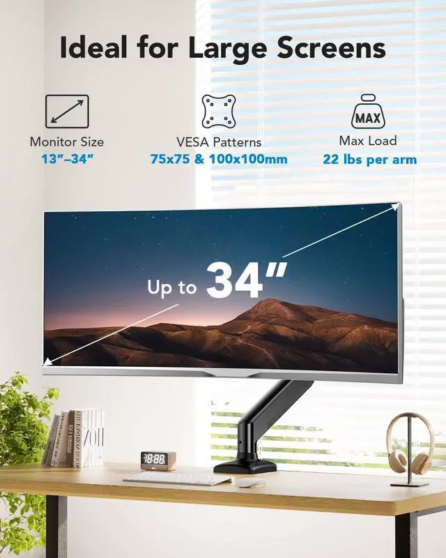 Alt view image 9 of 14 - Single Monitor Arm 13-34 Inch, Adjustable Gas Spring Arm, Monitor Desk Mount for 4.4-22lbs, VESA 75/100mm with C-Clamp/Grommet Base, Ergonomic Stand for Work/Gaming