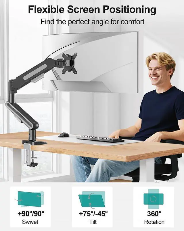 Alt view image 10 of 14 - Single Monitor Desk Mount for Max 40 Inch Screens, Adjustable Gas Spring Monitor Arm Holds up to 26.5lbs, Computer Monitor Stand with Clamp and Grommet Base, VESA Mount 75x75mm/100x100mm
