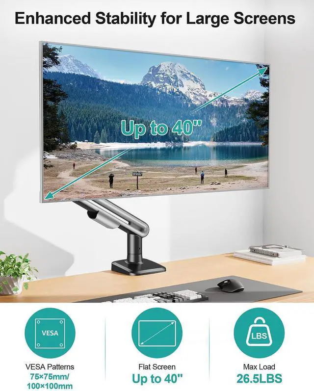 Alt view image 9 of 14 - Single Monitor Desk Mount for Max 40 Inch Screens, Adjustable Gas Spring Monitor Arm Holds up to 26.5lbs, Computer Monitor Stand with Clamp and Grommet Base, VESA Mount 75x75mm/100x100mm