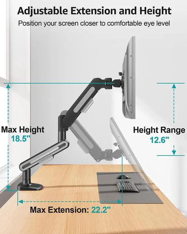 Alt view image 12 of 14 - Single Monitor Desk Mount for Max 40 Inch Screens, Adjustable Gas Spring Monitor Arm Holds up to 26.5lbs, Computer Monitor Stand with Clamp and Grommet Base, VESA Mount 75x75mm/100x100mm