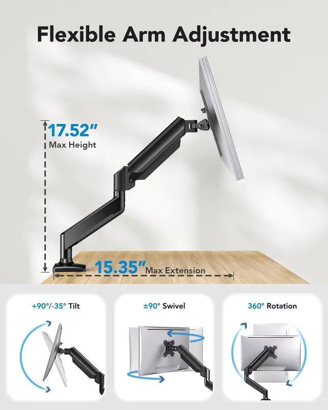Alt view image 12 of 14 - Single Monitor Arm 13-34 Inch, Adjustable Gas Spring Arm, Monitor Desk Mount for 4.4-22lbs, VESA 75/100mm with C-Clamp/Grommet Base, Ergonomic Stand for Work/Gaming
