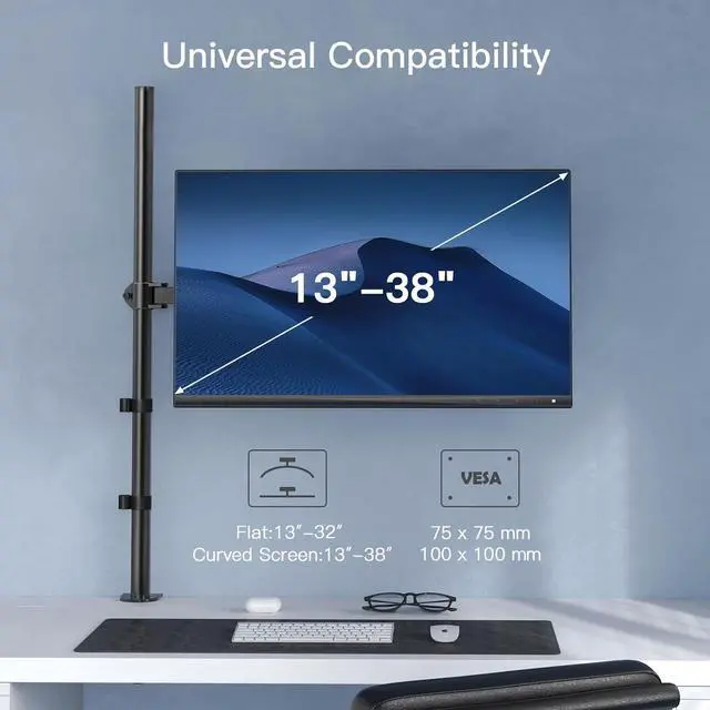 Alt view image 11 of 14 - Single Monitor Arm with 39 inch Extra-Tall Pole, Adjustable Computer Desk Mount for 1332 inch Screens and up to 38 inch Ultrawide Screens, Hold 22 lbs, Monitor Stand with C-Clamp & Grommt Base