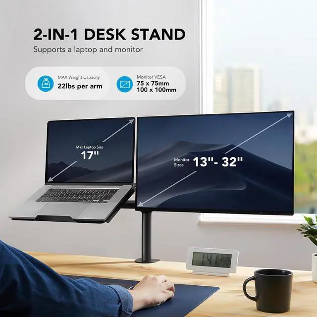 Alt view image 9 of 14 - Adjustable Monitor Stand, Single Arm Desk Mount for 32 inch Screen and 17 inch Laptop, Heavy Duty Ergonomic Bracket Holds 22lbs