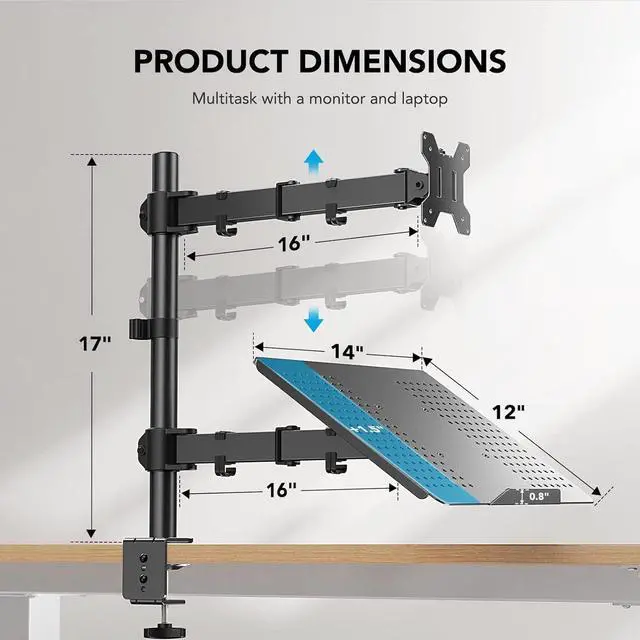 Alt view image 13 of 14 - Adjustable Monitor Stand, Single Arm Desk Mount for 32 inch Screen and 17 inch Laptop, Heavy Duty Ergonomic Bracket Holds 22lbs