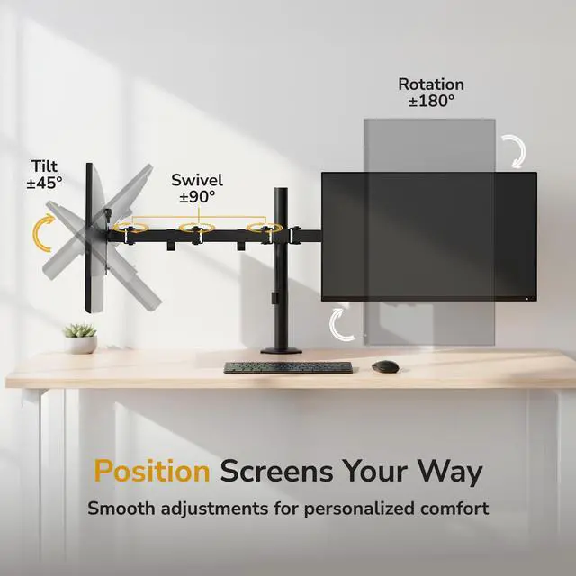 Alt view image 11 of 14 - Dual Monitor Stand, Full Motion Desk Mount for 2 Screens up to 32 and 19.8 lbs Each, Tilt Swivel Rotate, VESA 75x75 & 100x100, Adjustable Dual Screen Arm with C-Clamp or Grommet
