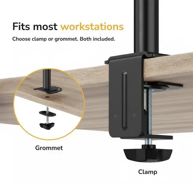 Alt view image 13 of 14 - Dual Monitor Stand, Full Motion Desk Mount for 2 Screens up to 32 and 19.8 lbs Each, Tilt Swivel Rotate, VESA 75x75 & 100x100, Adjustable Dual Screen Arm with C-Clamp or Grommet