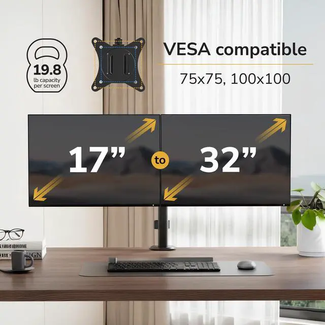 Alt view image 14 of 14 - Dual Monitor Stand, Full Motion Desk Mount for 2 Screens up to 32 and 19.8 lbs Each, Tilt Swivel Rotate, VESA 75x75 & 100x100, Adjustable Dual Screen Arm with C-Clamp or Grommet