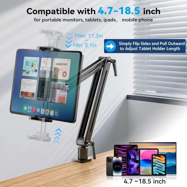 Alt view image 9 of 14 - Adjustable Portable Monitor Stand 15.6" - 360° Rotating Base Tall Tablet Desk Arm Holder Stand for iPad Air/Pro/Mini Swivel Flexible Bed Clamp Mount Soporte para Tablet/Monitor Portatil/Ereader
