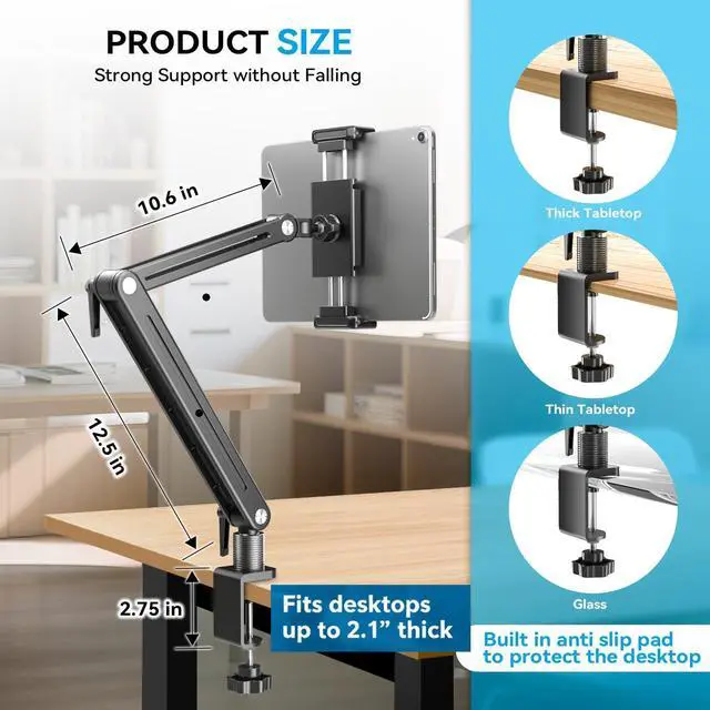 Alt view image 11 of 14 - Adjustable Portable Monitor Stand 15.6" - 360° Rotating Base Tall Tablet Desk Arm Holder Stand for iPad Air/Pro/Mini Swivel Flexible Bed Clamp Mount Soporte para Tablet/Monitor Portatil/Ereader