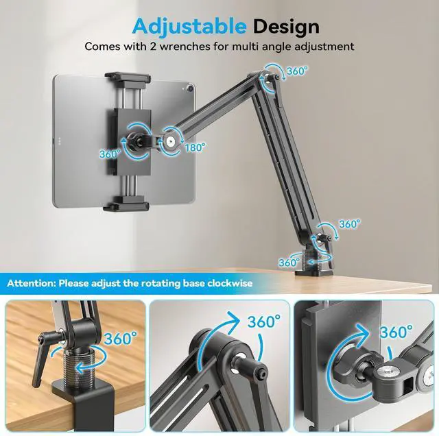Alt view image 12 of 14 - Adjustable Portable Monitor Stand 15.6" - 360° Rotating Base Tall Tablet Desk Arm Holder Stand for iPad Air/Pro/Mini Swivel Flexible Bed Clamp Mount Soporte para Tablet/Monitor Portatil/Ereader