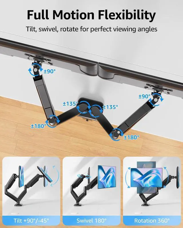 Alt view image 12 of 14 - Dual Monitor Stand for Desk, Monitor Arms for 2 Monitors 32 27 24 22 Inches, Height Adjustable Double Monitor Mount, VESA Mount with C-Clamp & Grommet Base, Holds 4.4-17.6lbs